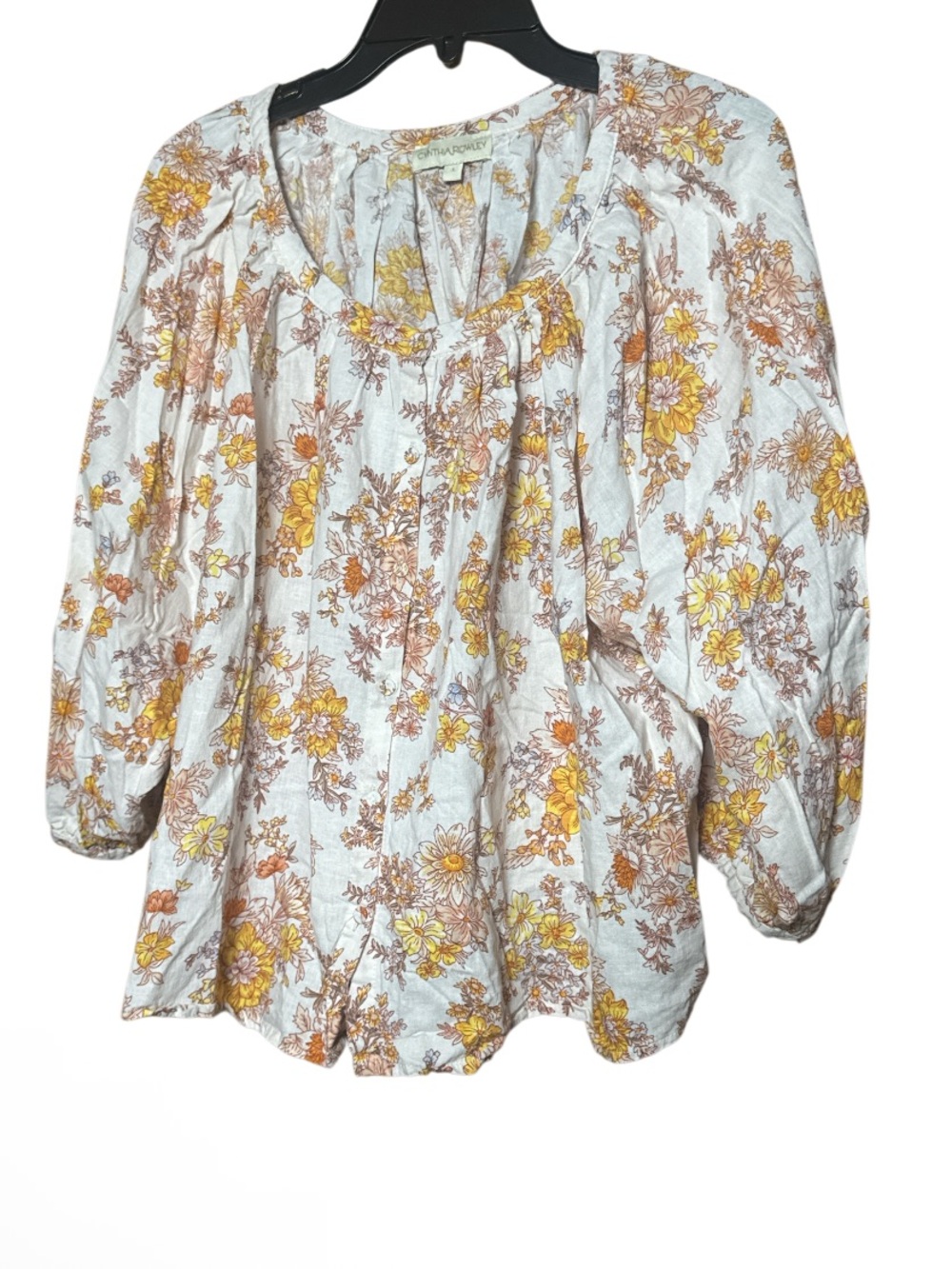 Cynthia Rowley Lightweight Floral Peasant Blouse Linen Yellow Button - Size L